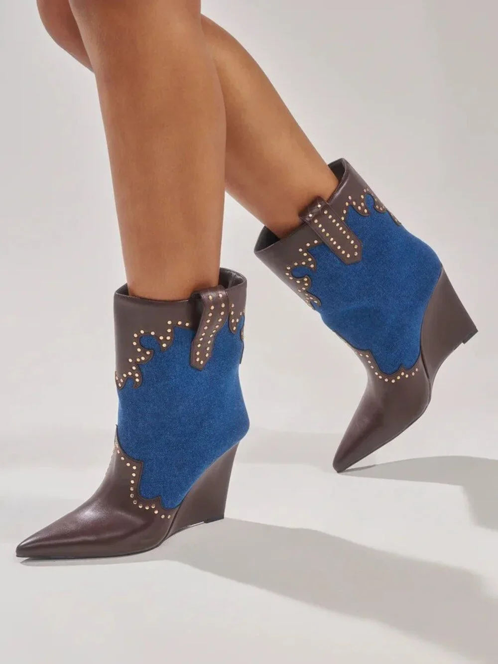 AKIRA AZALEA WANG TALLULAH DENIM WEDGE WESTERN BOOTIE Size 66 - Picture 3 of 6